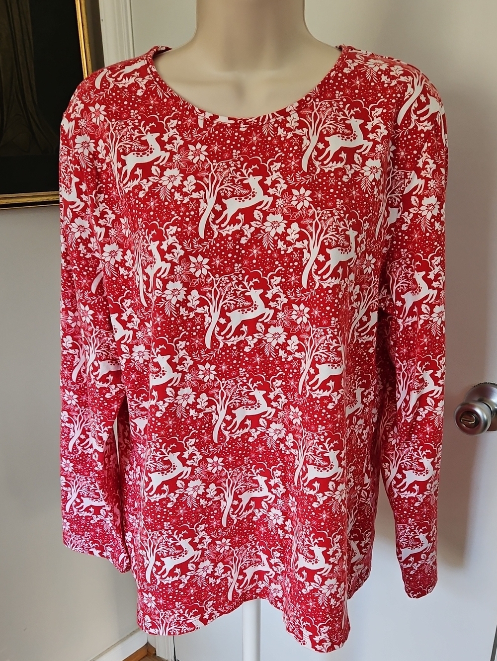 Talbots Holiday Toile Forest Friends Reindeer Top Size XL